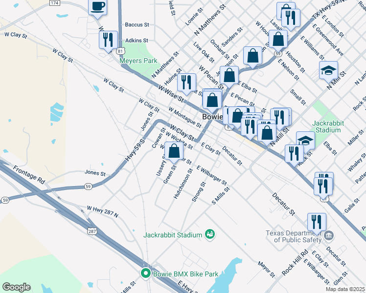 map of restaurants, bars, coffee shops, grocery stores, and more near 200 West Wichita Street in Bowie