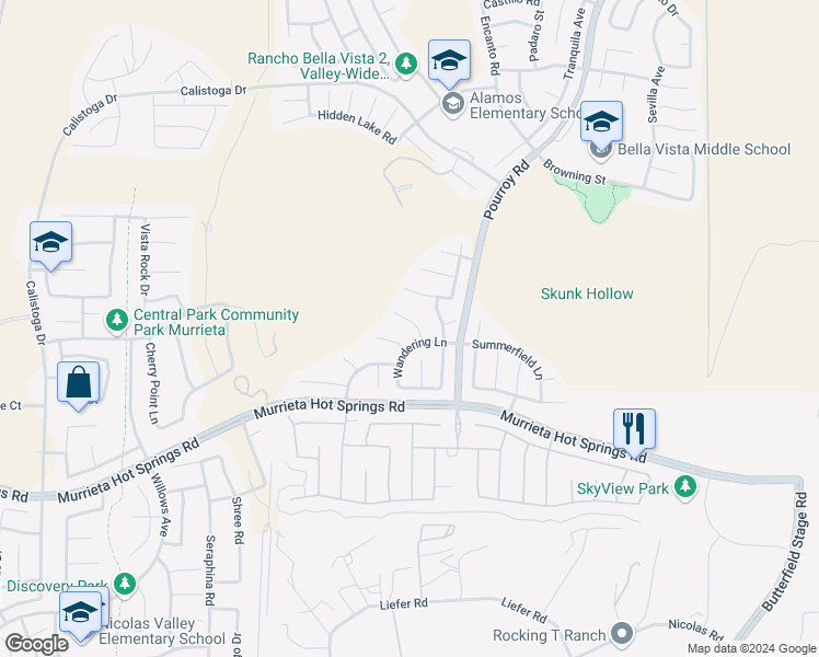 map of restaurants, bars, coffee shops, grocery stores, and more near 38815 Cobblestone Circle in Murrieta
