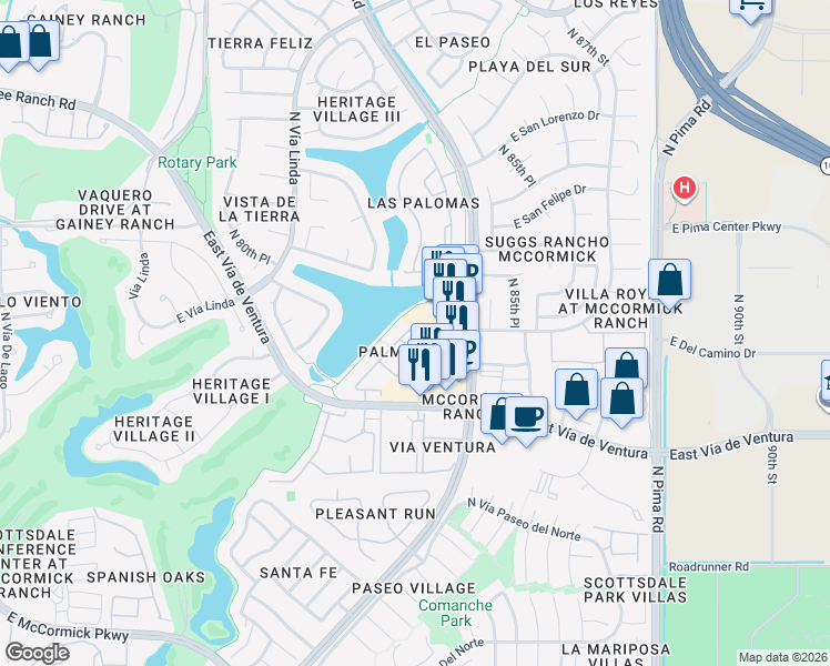 map of restaurants, bars, coffee shops, grocery stores, and more near Unnamed Road in Scottsdale