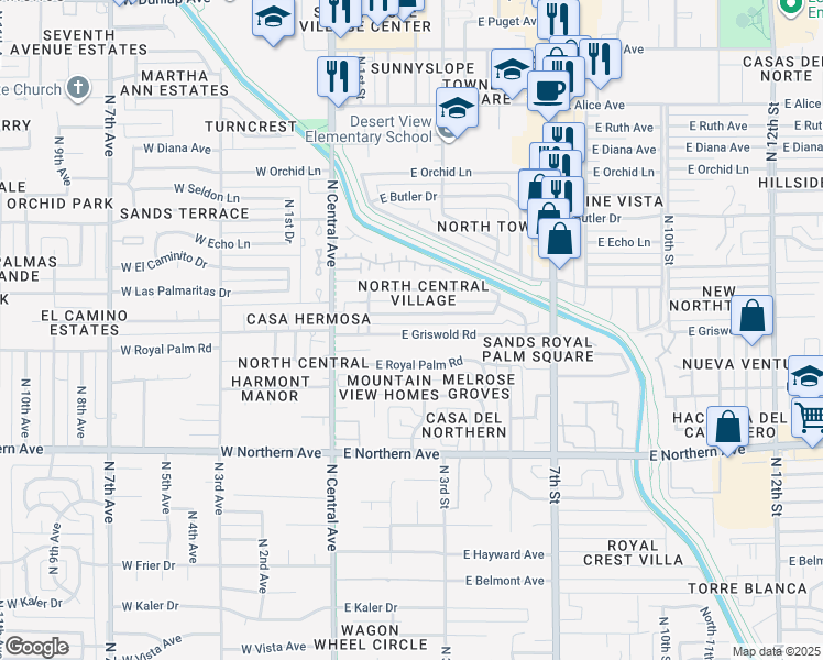 map of restaurants, bars, coffee shops, grocery stores, and more near 202 East Griswold Road in Phoenix