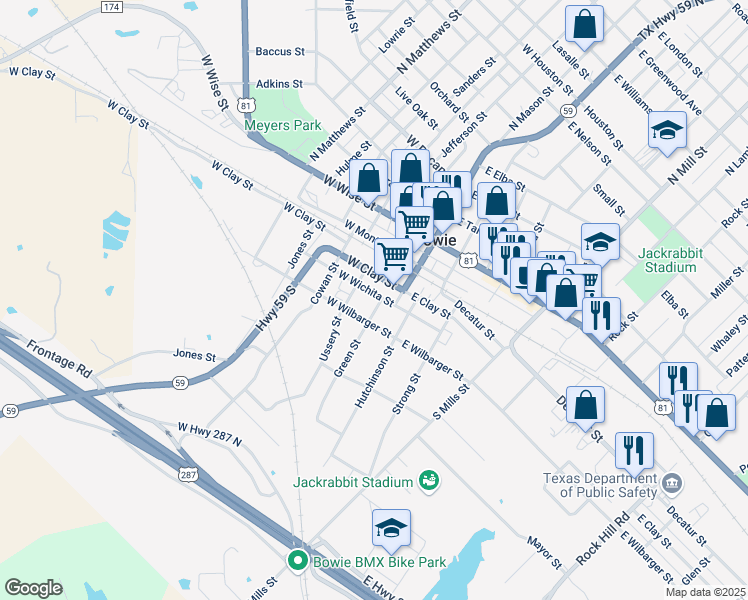 map of restaurants, bars, coffee shops, grocery stores, and more near 200 West Wichita Street in Bowie