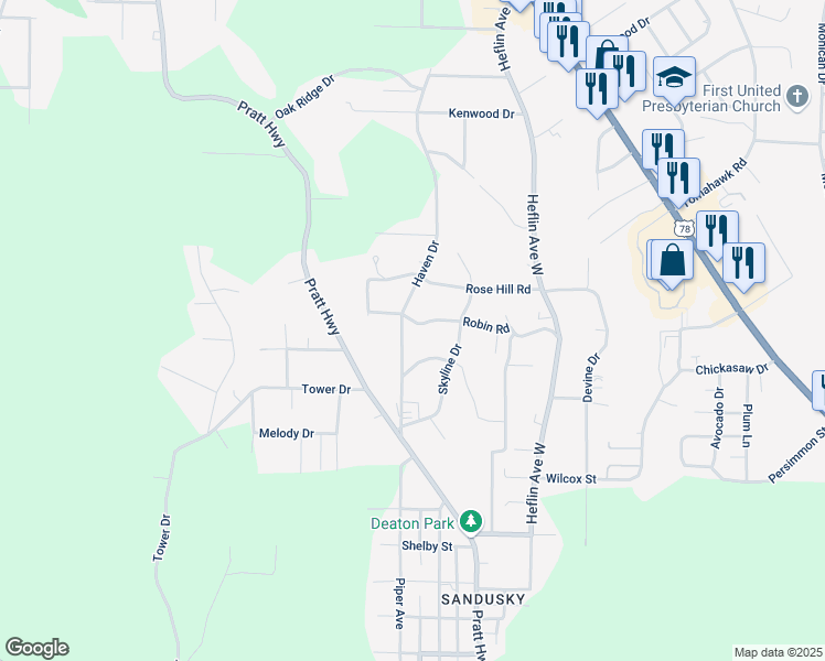 map of restaurants, bars, coffee shops, grocery stores, and more near 1221 Haven Drive in Birmingham