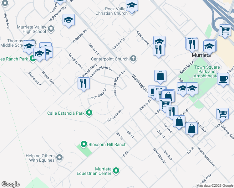 map of restaurants, bars, coffee shops, grocery stores, and more near 42188 Weeping Willow Lane in Murrieta