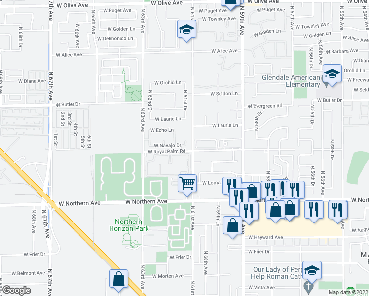 map of restaurants, bars, coffee shops, grocery stores, and more near 6119 West Navajo Drive in Glendale