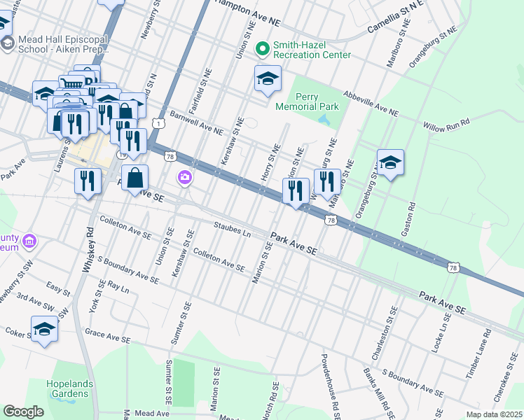 map of restaurants, bars, coffee shops, grocery stores, and more near 140 Horry Street Southeast in Aiken