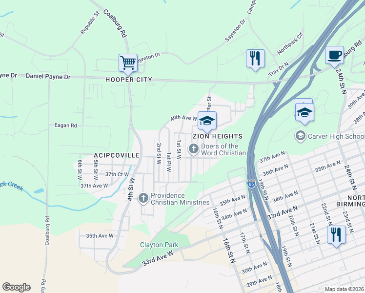 map of restaurants, bars, coffee shops, grocery stores, and more near 3804 Center Place West in Birmingham