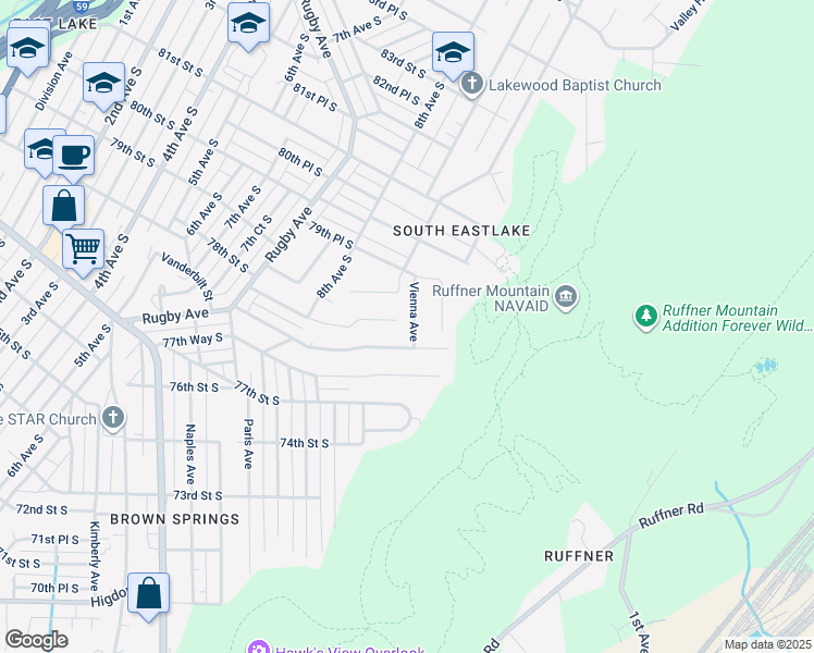 map of restaurants, bars, coffee shops, grocery stores, and more near 7772 Vienna Avenue in Birmingham
