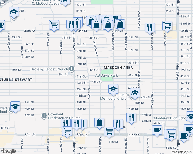 map of restaurants, bars, coffee shops, grocery stores, and more near 4202 42nd Street in Lubbock