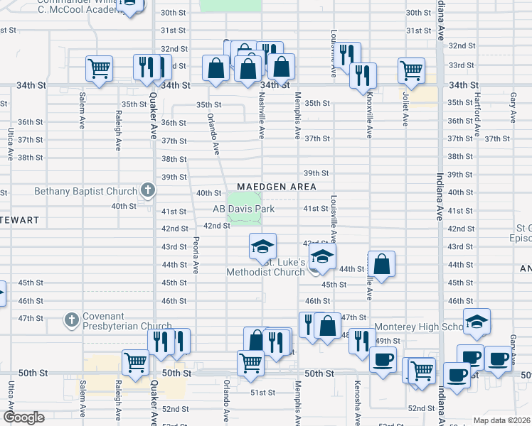map of restaurants, bars, coffee shops, grocery stores, and more near 3814 42nd Street in Lubbock