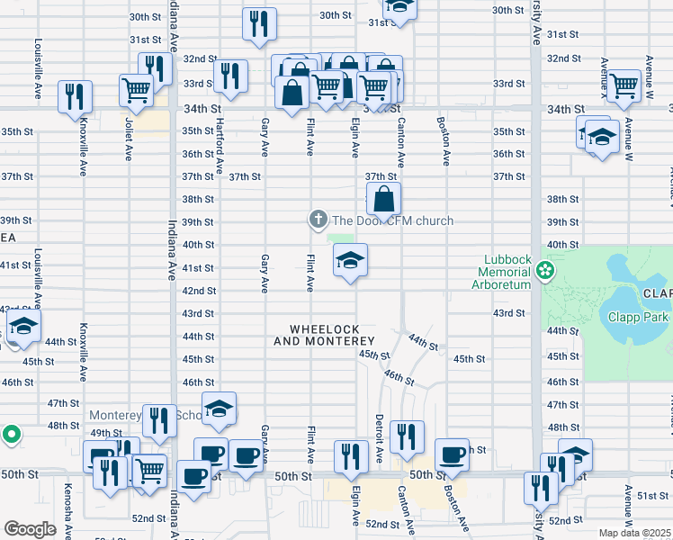 map of restaurants, bars, coffee shops, grocery stores, and more near 3008 42nd Street in Lubbock