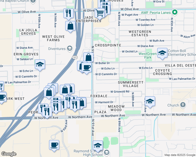 map of restaurants, bars, coffee shops, grocery stores, and more near 9032 West Las Palmaritas Drive in Peoria
