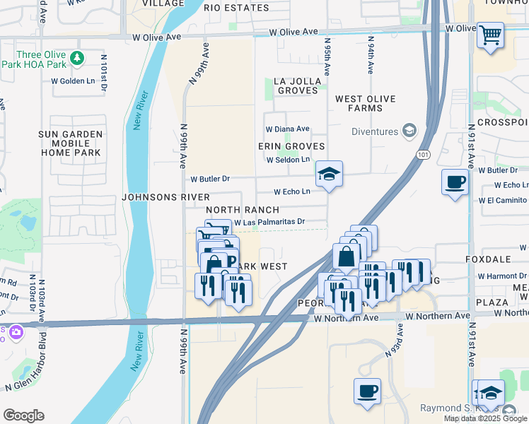 map of restaurants, bars, coffee shops, grocery stores, and more near 9638 West Las Palmaritas Drive in Peoria