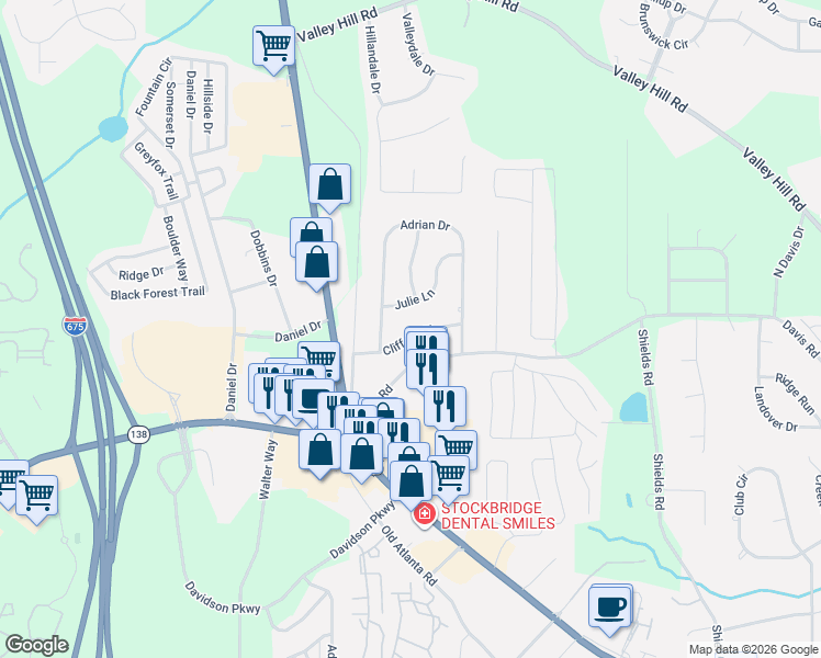 map of restaurants, bars, coffee shops, grocery stores, and more near 112 Clifford Court in Stockbridge