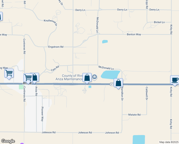 map of restaurants, bars, coffee shops, grocery stores, and more near 57195 Cain Road in Anza