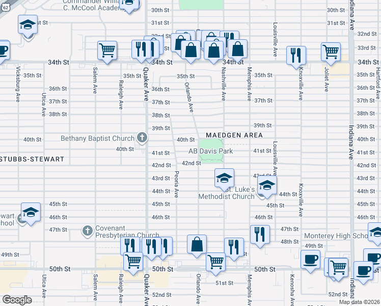 map of restaurants, bars, coffee shops, grocery stores, and more near 4202 42nd Street in Lubbock
