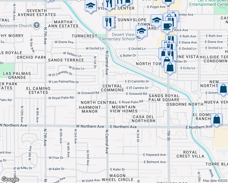 map of restaurants, bars, coffee shops, grocery stores, and more near 21 East Griswold Road in Phoenix
