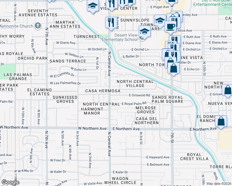 map of restaurants, bars, coffee shops, grocery stores, and more near 21 East Griswold Road in Phoenix