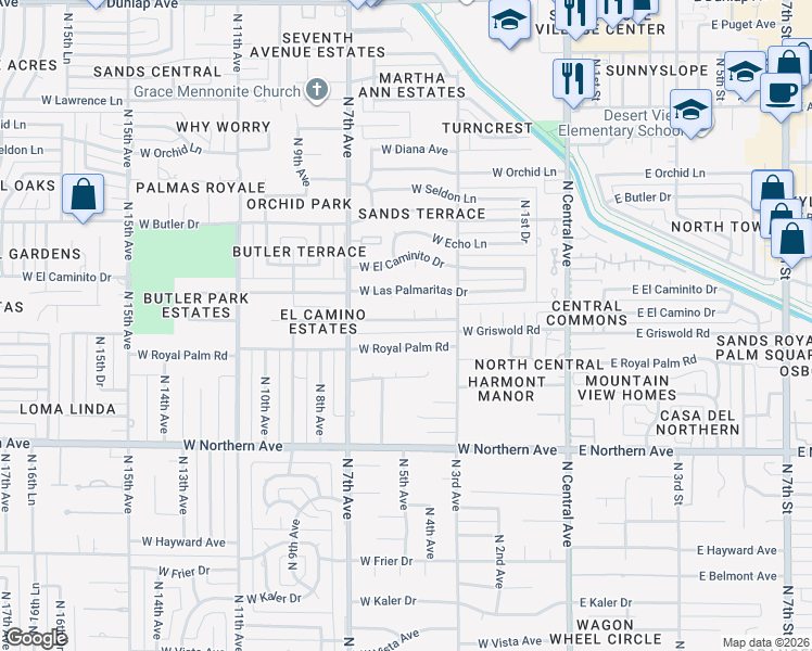 map of restaurants, bars, coffee shops, grocery stores, and more near 332 West Royal Palm Road in Phoenix
