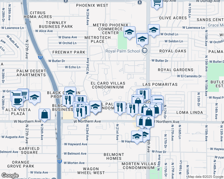 map of restaurants, bars, coffee shops, grocery stores, and more near 8025 North 21st Drive in Phoenix