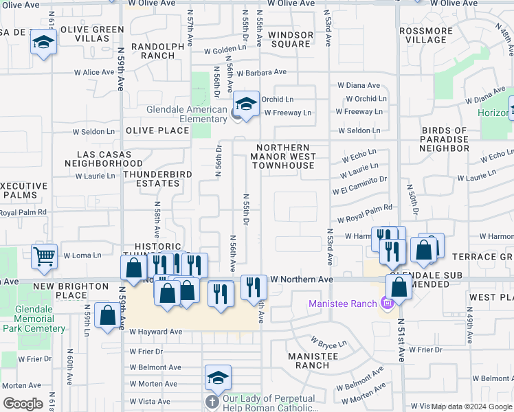 map of restaurants, bars, coffee shops, grocery stores, and more near 8136 North 55th Avenue in Glendale