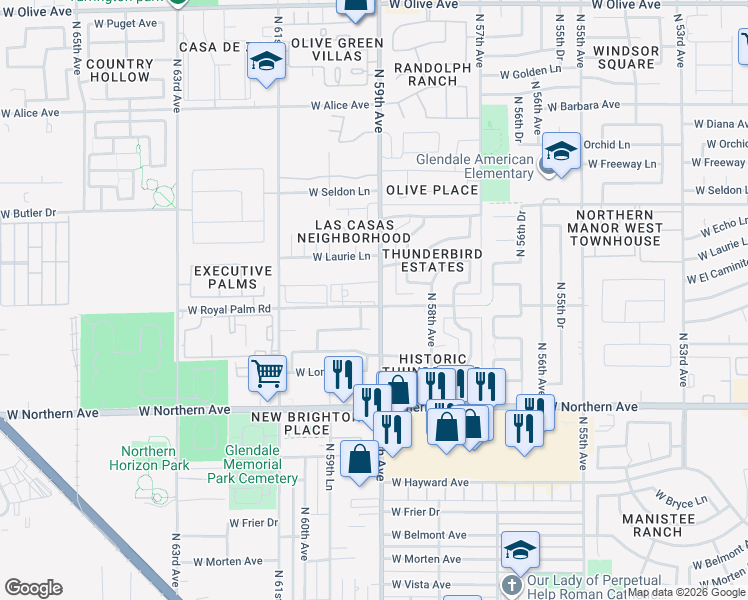 map of restaurants, bars, coffee shops, grocery stores, and more near 5905 West Royal Palm Road in Glendale