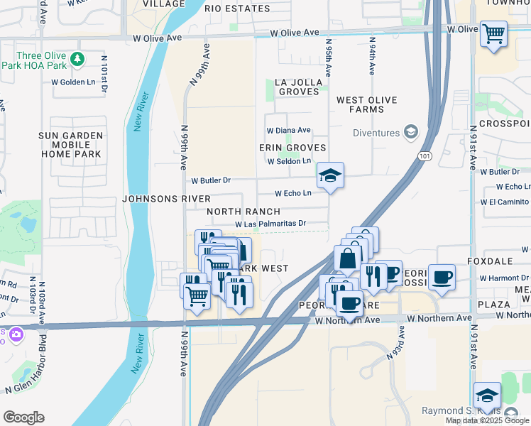 map of restaurants, bars, coffee shops, grocery stores, and more near 9638 West Las Palmaritas Drive in Peoria