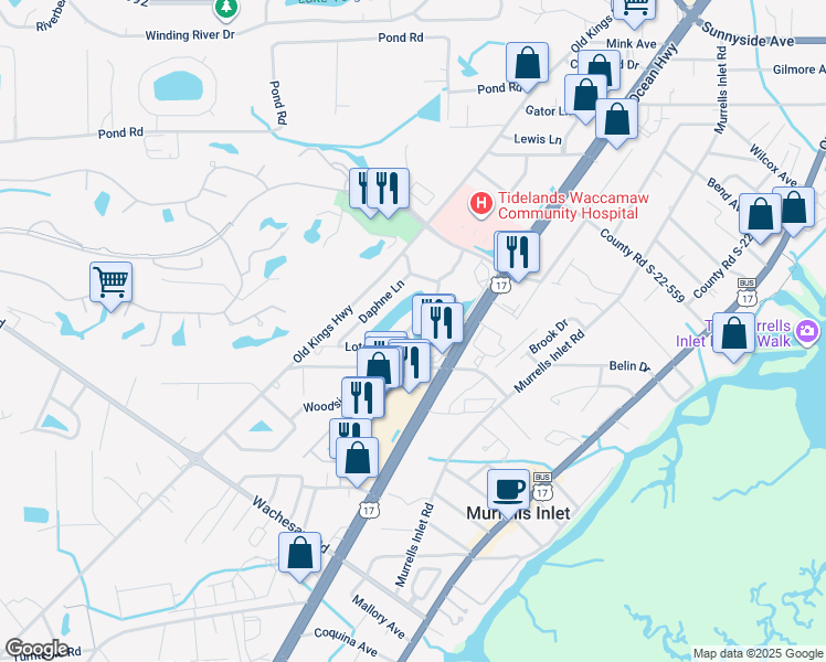 map of restaurants, bars, coffee shops, grocery stores, and more near 4290 Santolina Way in Murrells Inlet