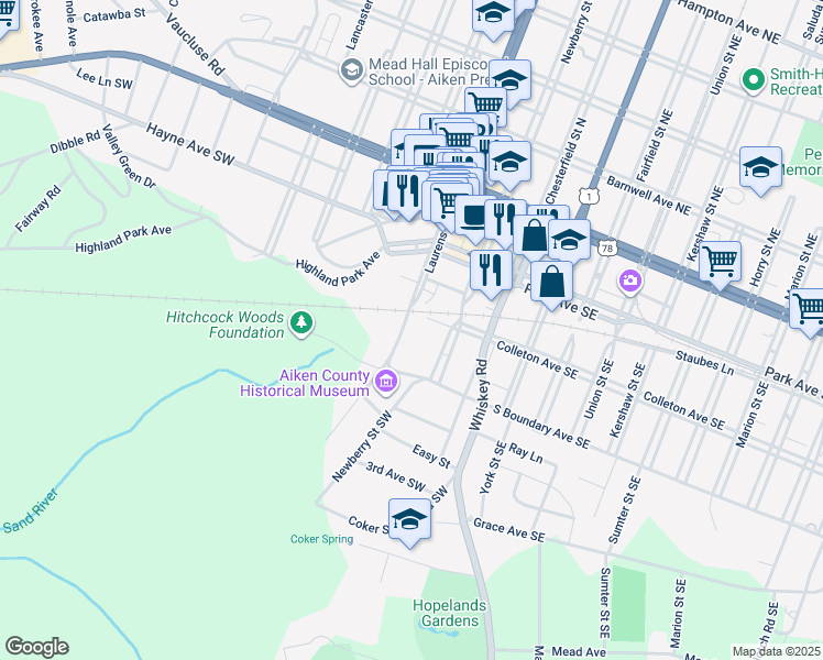 map of restaurants, bars, coffee shops, grocery stores, and more near 324 Laurens Street Southwest in Aiken