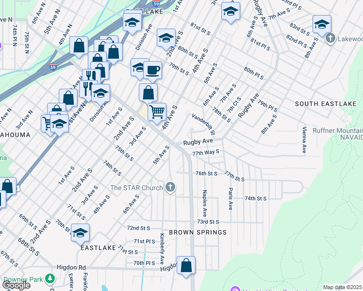 map of restaurants, bars, coffee shops, grocery stores, and more near 601 77th Way South in Birmingham