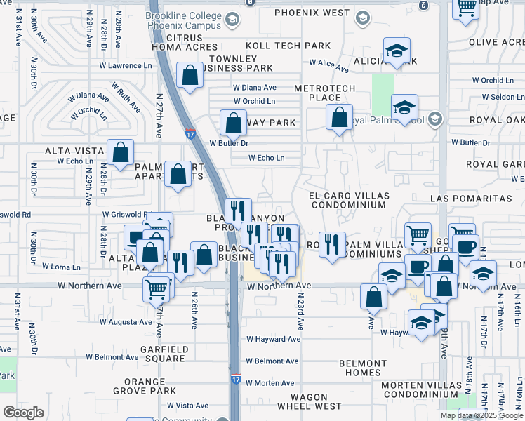 map of restaurants, bars, coffee shops, grocery stores, and more near in Phoenix