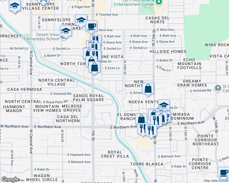 map of restaurants, bars, coffee shops, grocery stores, and more near 8202 North 9th Street in Phoenix