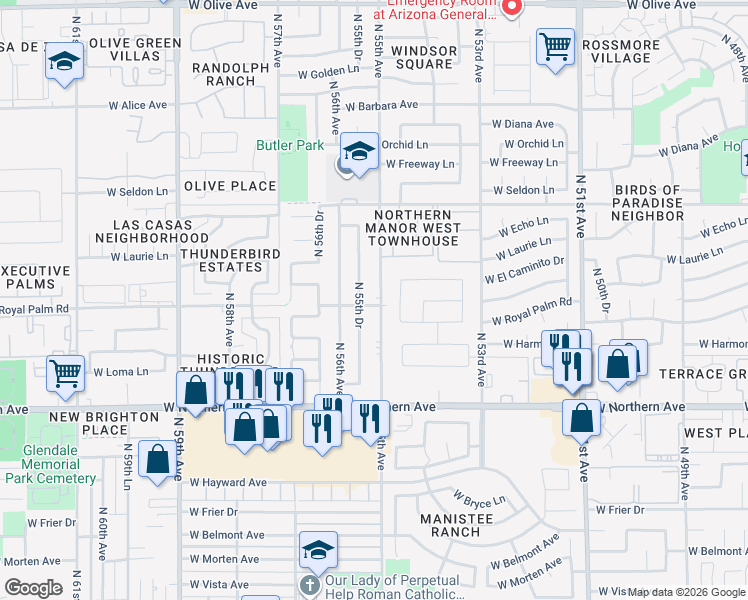 map of restaurants, bars, coffee shops, grocery stores, and more near 8136 North 55th Avenue in Glendale