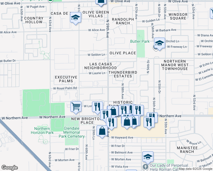 map of restaurants, bars, coffee shops, grocery stores, and more near 5905 West Royal Palm Road in Glendale