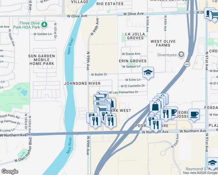 map of restaurants, bars, coffee shops, grocery stores, and more near 9761 West El Caminito Drive in Peoria