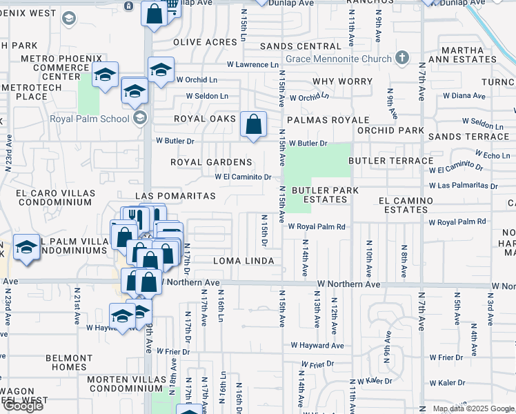 map of restaurants, bars, coffee shops, grocery stores, and more near 8092 North 16th Avenue in Phoenix