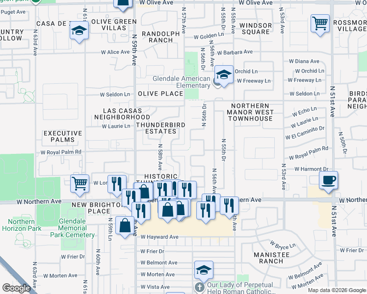map of restaurants, bars, coffee shops, grocery stores, and more near 5701 West Royal Palm Road in Glendale