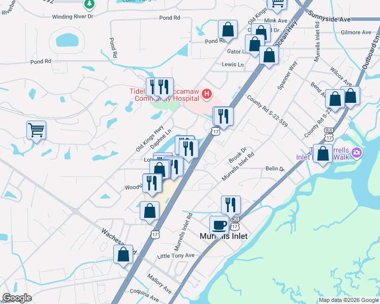 map of restaurants, bars, coffee shops, grocery stores, and more near 4310 U.S. 17 in Murrells Inlet