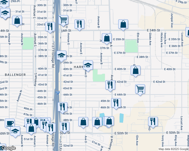 map of restaurants, bars, coffee shops, grocery stores, and more near 4101 Avenue D in Lubbock