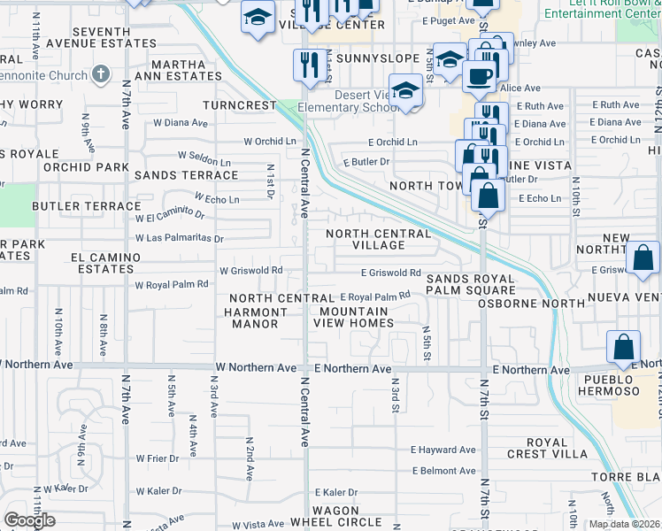 map of restaurants, bars, coffee shops, grocery stores, and more near 21 East Griswold Road in Phoenix