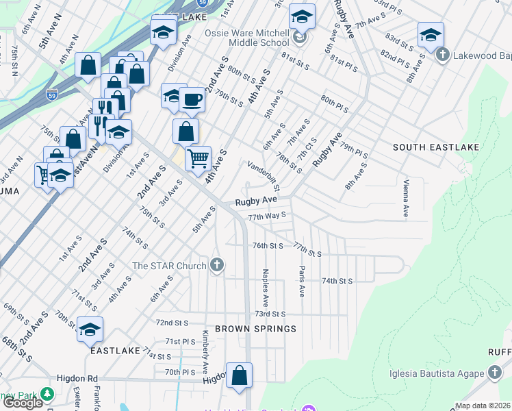 map of restaurants, bars, coffee shops, grocery stores, and more near 7728 Naples Avenue in Birmingham