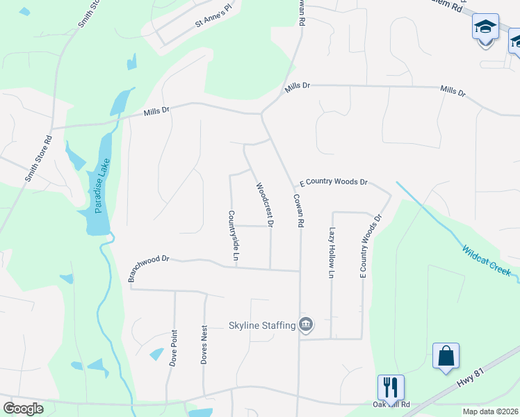 map of restaurants, bars, coffee shops, grocery stores, and more near 50 Hidden Ridge Drive in Covington