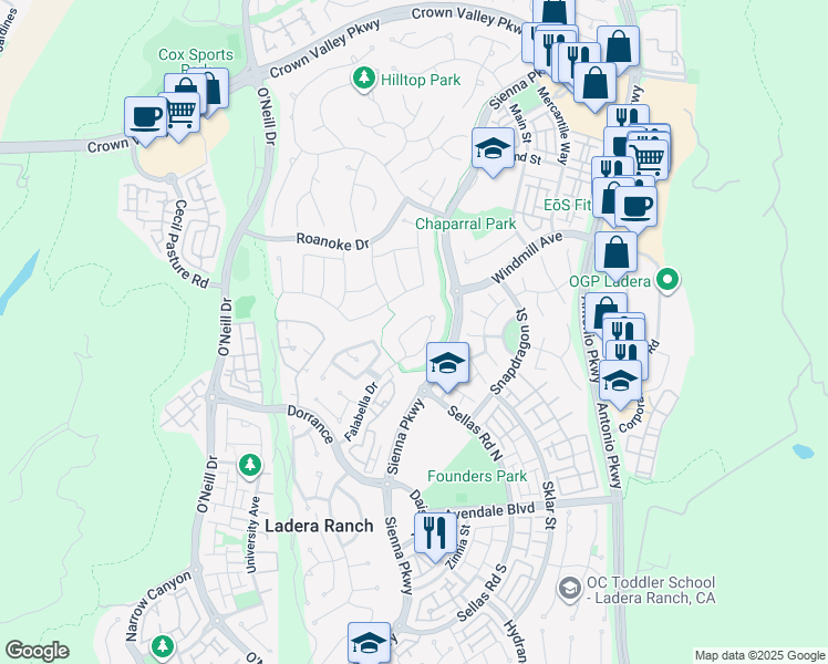 map of restaurants, bars, coffee shops, grocery stores, and more near 12 Ardennes Drive in Ladera Ranch