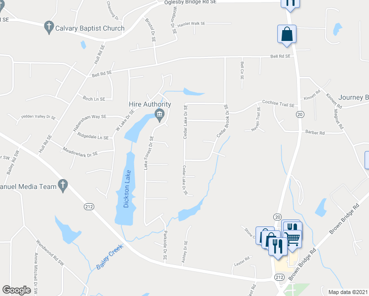 map of restaurants, bars, coffee shops, grocery stores, and more near Cedar Lake Drive Southeast in Rockdale County