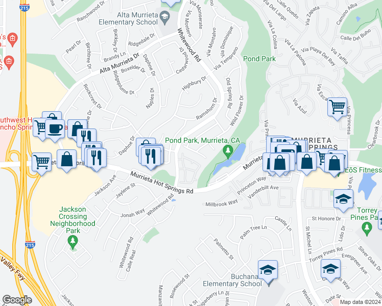 map of restaurants, bars, coffee shops, grocery stores, and more near 25959 Summer Hill Court in Murrieta