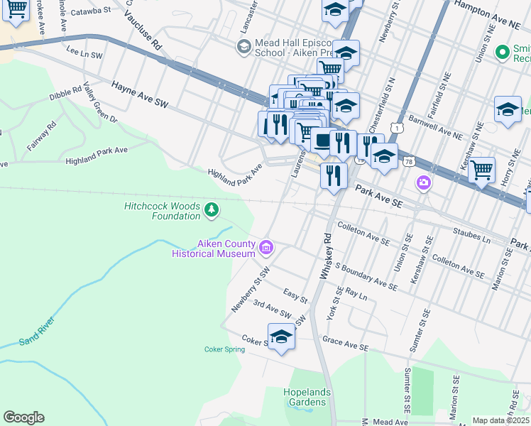 map of restaurants, bars, coffee shops, grocery stores, and more near 321 Laurens Street Southwest in Aiken