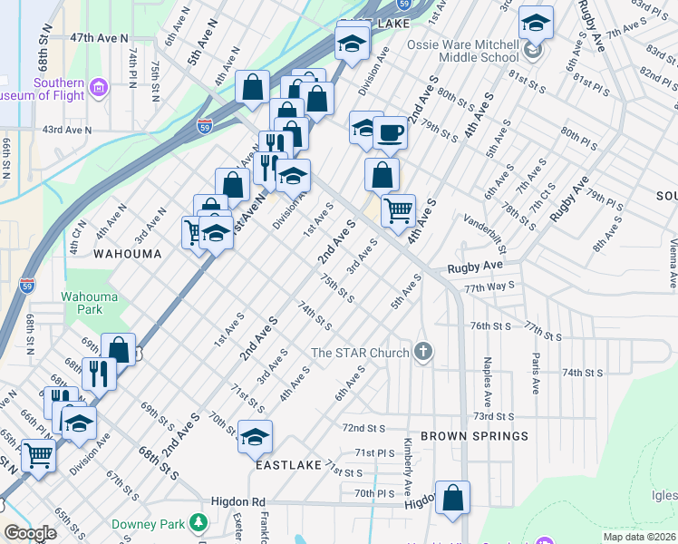 map of restaurants, bars, coffee shops, grocery stores, and more near 7432 3rd Avenue South in Birmingham