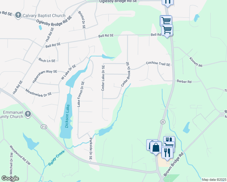 map of restaurants, bars, coffee shops, grocery stores, and more near 803 Brook Hollow Circle Southeast in Conyers