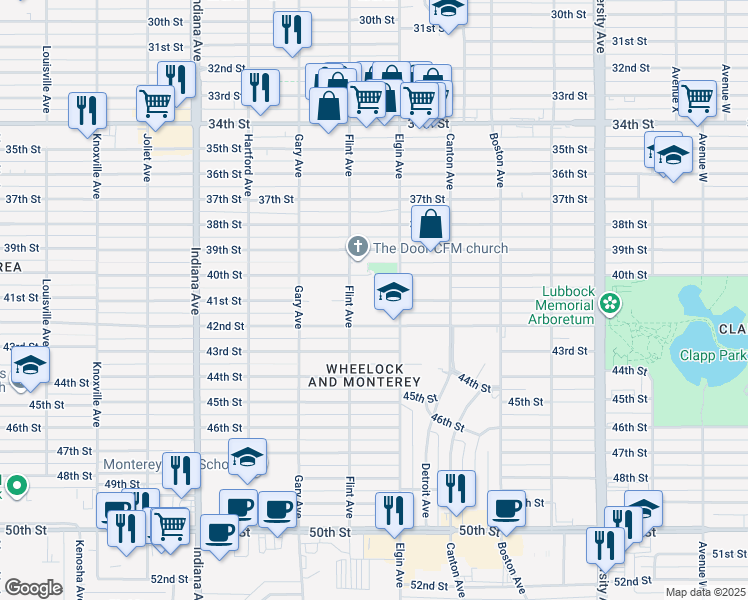 map of restaurants, bars, coffee shops, grocery stores, and more near 3008 42nd Street in Lubbock
