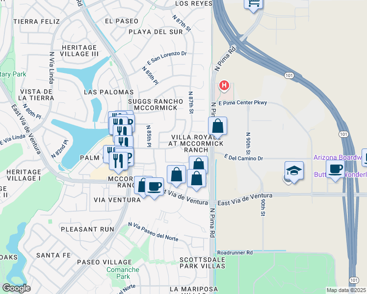 map of restaurants, bars, coffee shops, grocery stores, and more near 8651-8649 East Royal Palm Road in Scottsdale