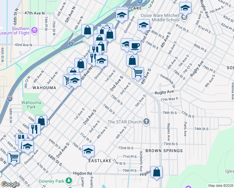 map of restaurants, bars, coffee shops, grocery stores, and more near 7432 3rd Avenue South in Birmingham